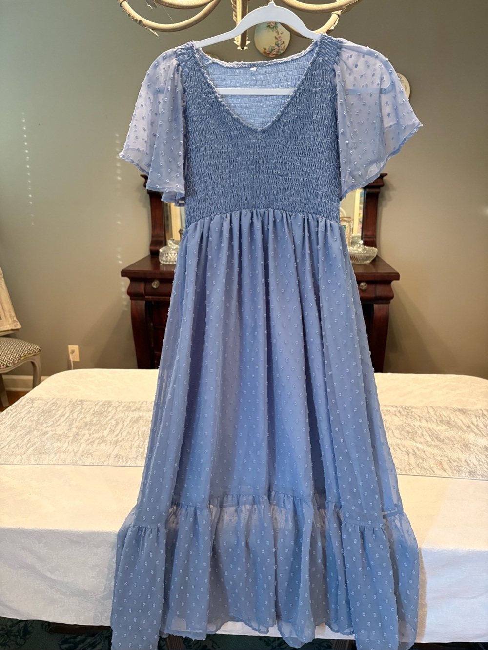 Maternity Blue Swiss Dot Smocked Bodice Midi Dress - Picture 1 of 9